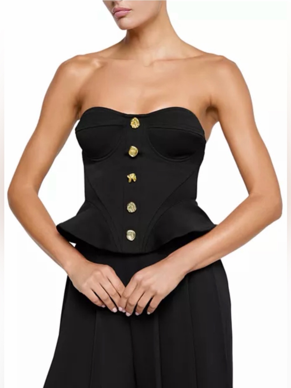 L'AGENCE Black Strapless Peplum Corset Top with Gold Buttons